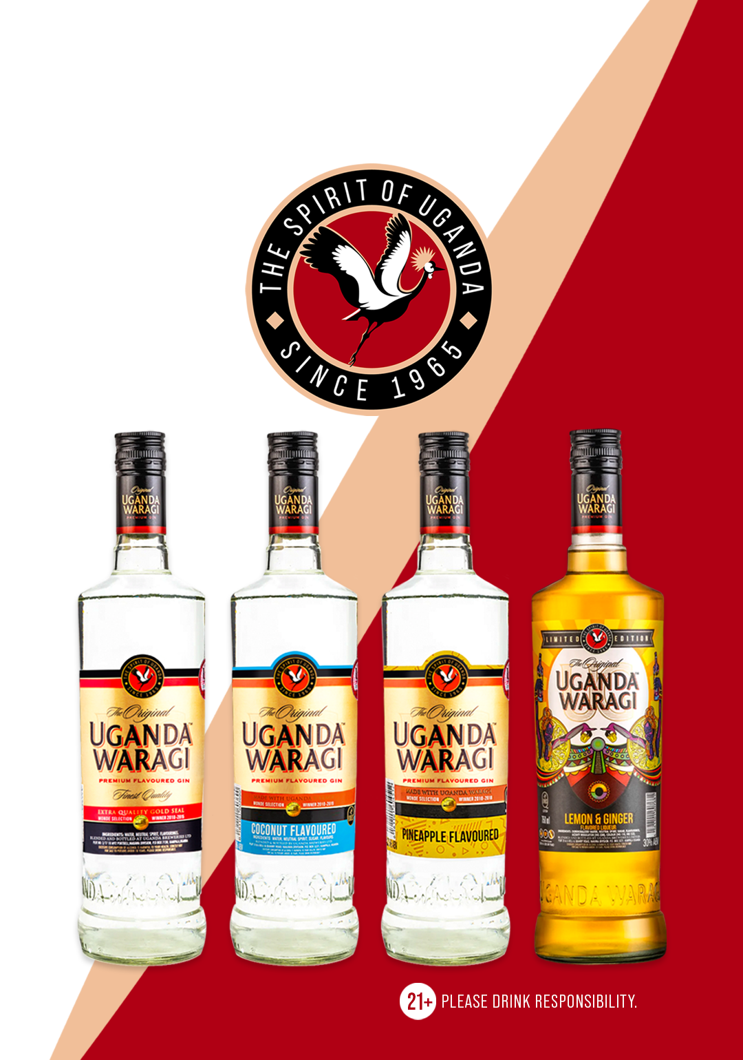 Uganda Waragi liquor bottles with 'The Spirit of Uganda' logo on a red and white background.