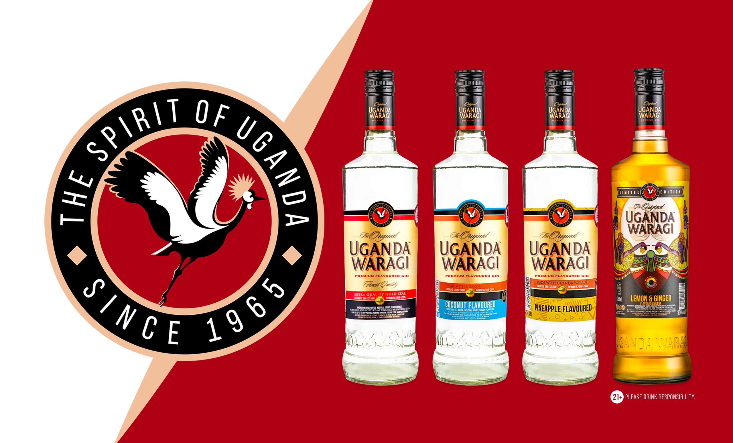 Uganda Waragi liquor bottles with logo on a red background