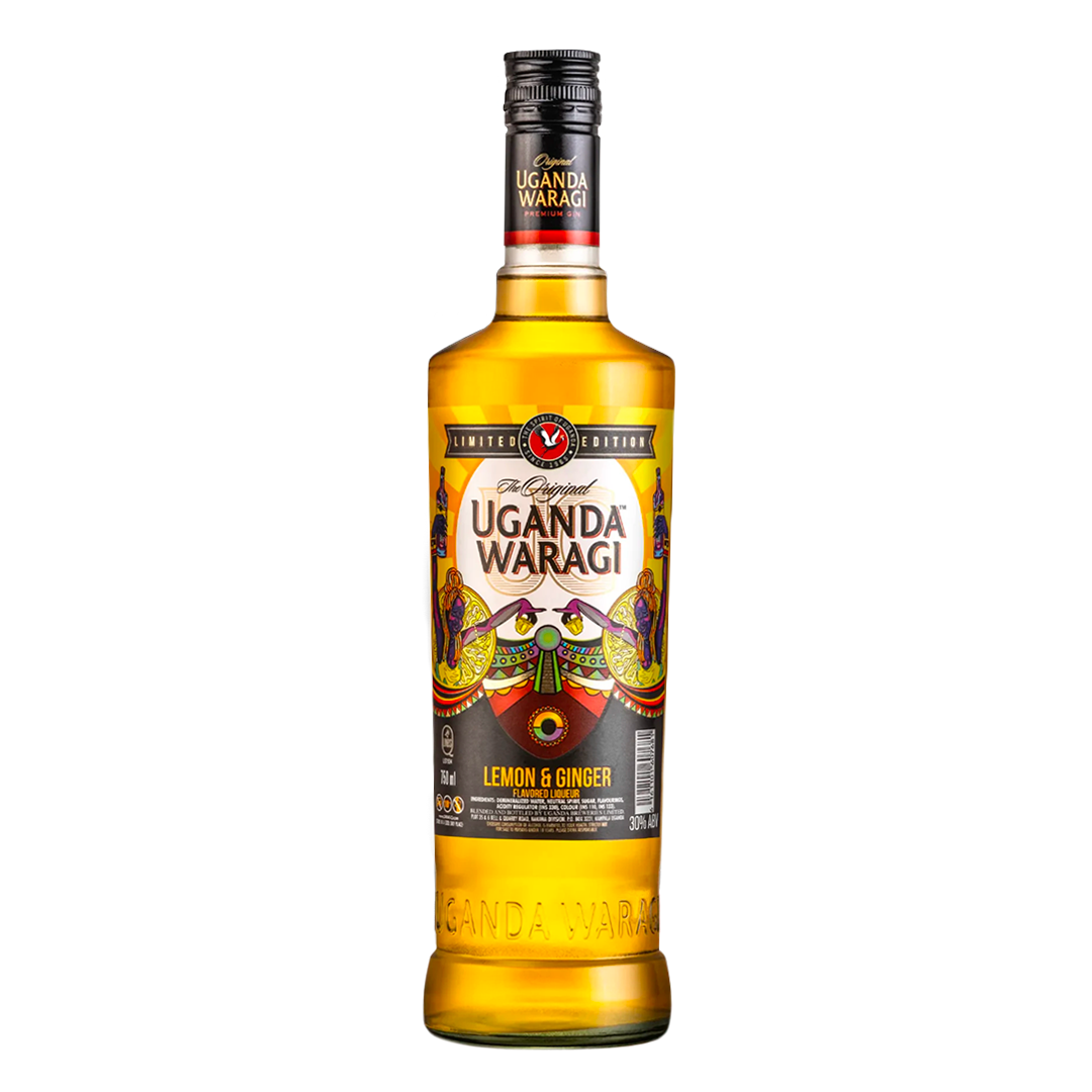 Uganda Waragi lemon and ginger liqueur bottle (isolated)