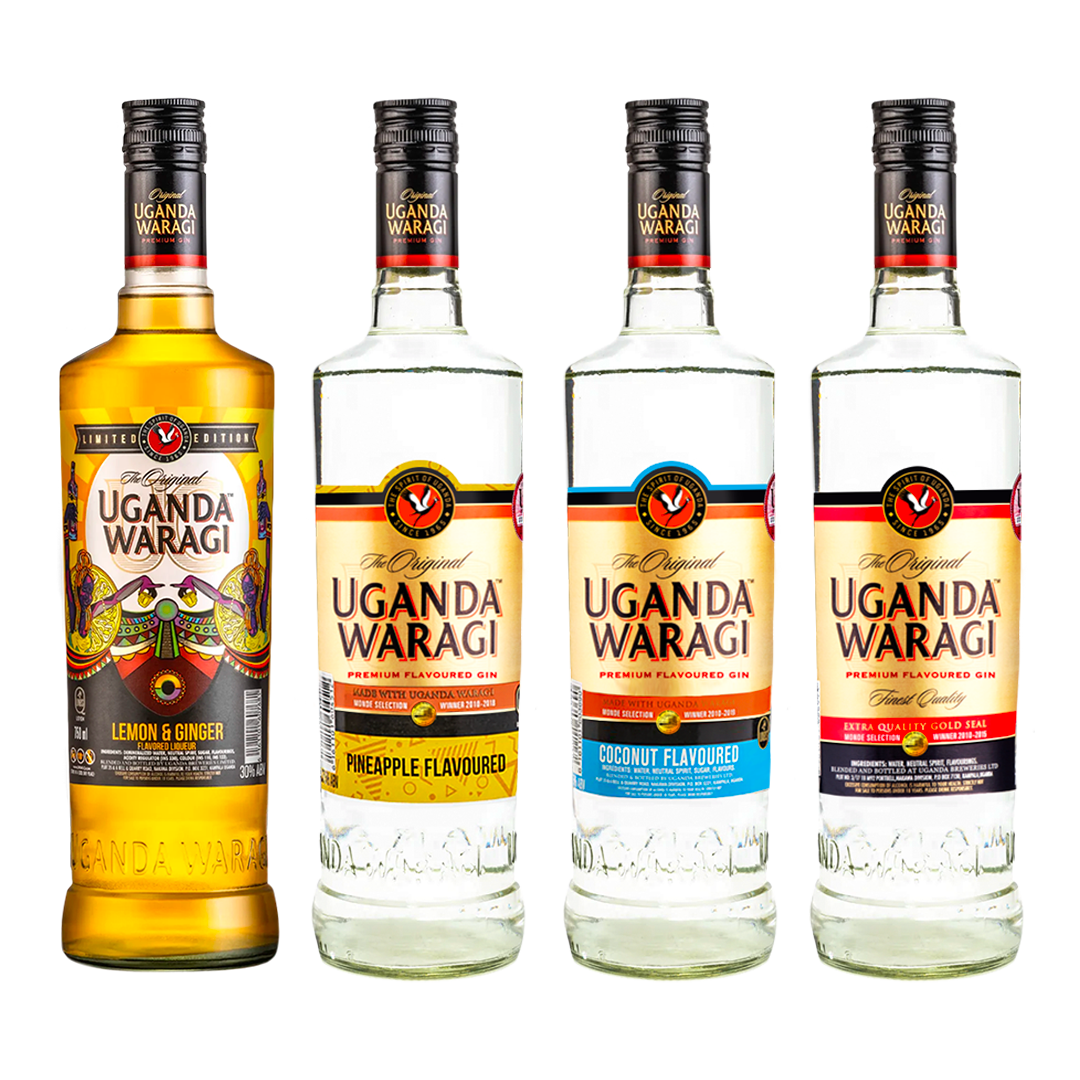 Four bottles of Uganda Waragi gin with different flavors on a white background